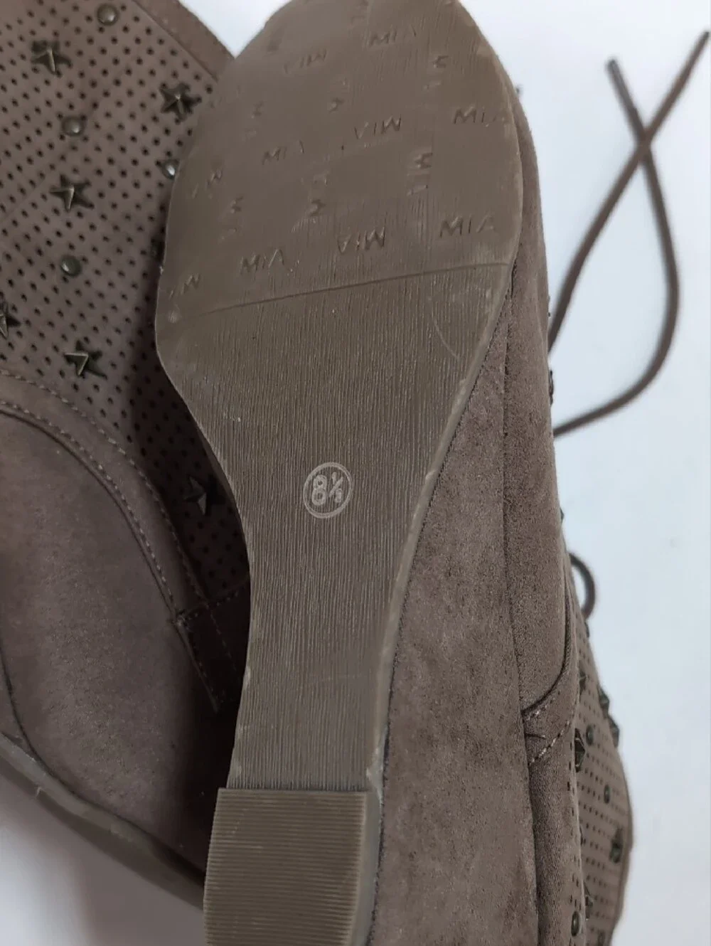 MIA Taupe Lace-Up Perforated Wedge Ankle Boots with Star Studs